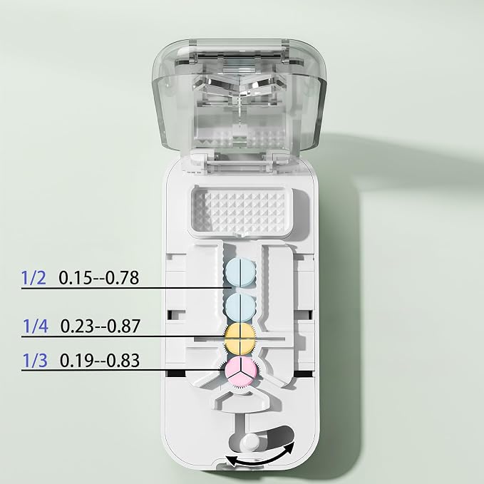 Precision Pill Cutter with Centering Guide - Multi-Angle Tablet Splitter for 1/2, 1/3 & 1/4 Cuts, Includes Pill Crusher & Storage Compartment (Clear)