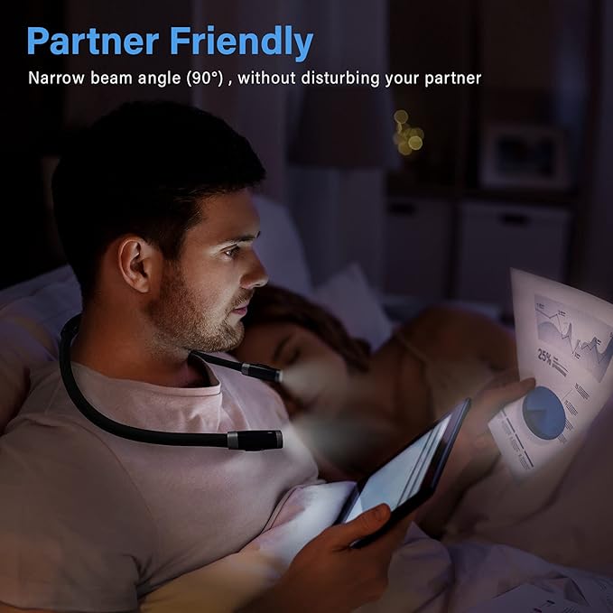 Vekkia Rechargeable LED Neck Reading Light, Book Lights for Reading in Bed, 3 Brightness Levels, Flexible Soft Silicone Arms Comfortable Wear, Long Lasting. Great for Readers, Craft & Knitting,Black