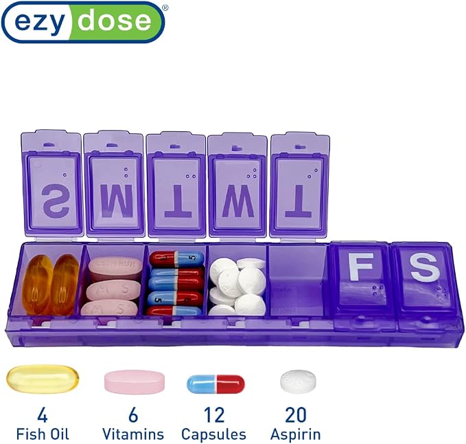 EZY DOSE Weekly (7-Day) Daily Pill Container, Medicine Planner, Vitamin Organizer, Large Locking Compartments Secure Prescription Medication and Prevent Accidental Spilling, Purple, BPA Free