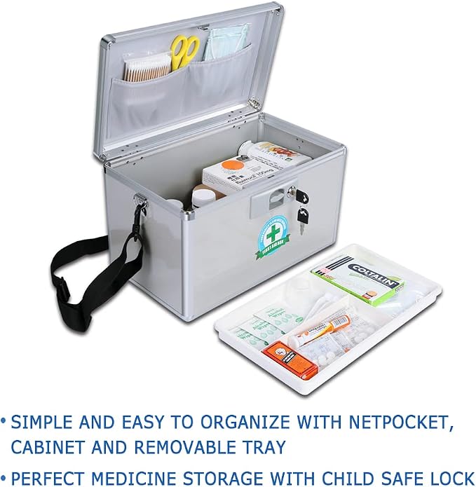Durable Empty Medicine Box Storage Box Lock Box for Storage Collection Portable Lockable with Removable Sticker Tray Shoulder Strap (X-Large )