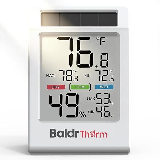 BALDR Indoor Thermometer Hygrometer, Solar Power with Battery Backup, Large Display, Daily Max/Min & Comfort Indicator Humidity Meter (White)