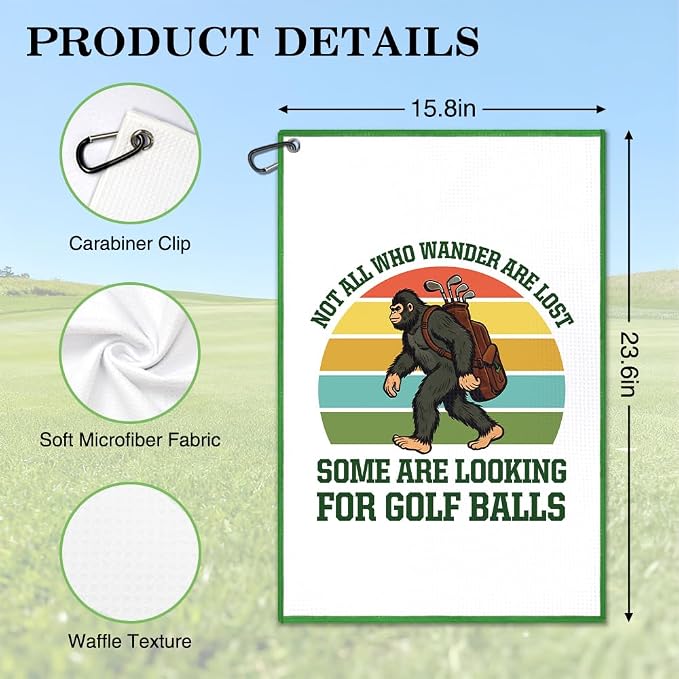 Not All Who Wander are Lost Golf Towel, Fun Sasquatch Golf Bag Towel with Clip, Golfing Accessories for Women Men, Birthday Retirement Gifts for Golfer Sports Fan, Golfing Gifts for Grandpa Dad