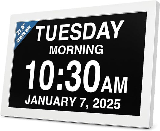 American Lifetime New 2026 Dementia Clock Large Digital Clock for Seniors, Digital Calendar Large Display, Custom Alarms, Clock with Day & Date for Elderly 21.5 Inches White