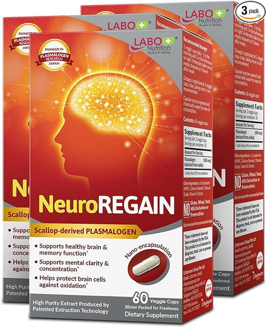 LABO Nutrition NeuroREGAIN - Scallop-derived PLASMALOGEN for Brain Deterioration, Memory, Alertness, Learning, Concentration and Other Cognitive Functions – Suitable for Seniors, Adult Men & Women x3
