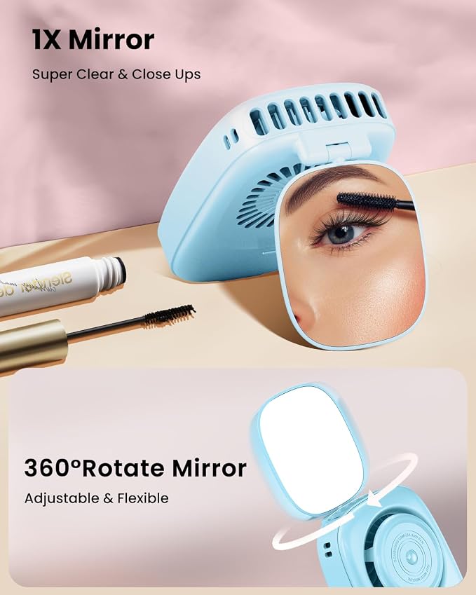 Gaiatop Mini Neck Fan, LED Makeup Mirror, Power Display Portable Fan Blue | 3 Speeds, 360° Rotate Mirror for Handheld Desk Use, Rechargeable Small USB Fan, Personal Cooling Travel Essentials Women Gift
