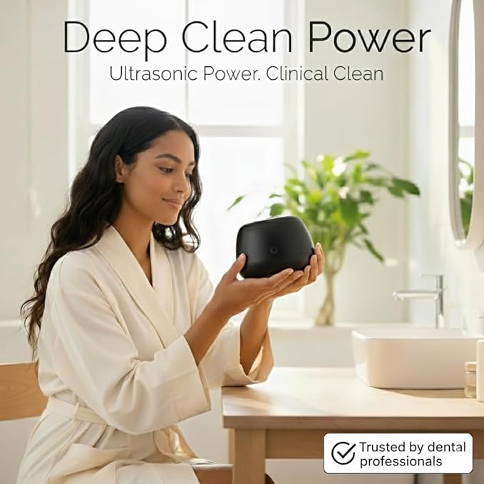 Fiona James 48kHz Ultrasonic Dental Pod Cleaner with UV – Black | Retainer, Aligner, Night Guard & Denture Cleaner | Sonic Cleaning Machine for Oral Appliances & Jewelry