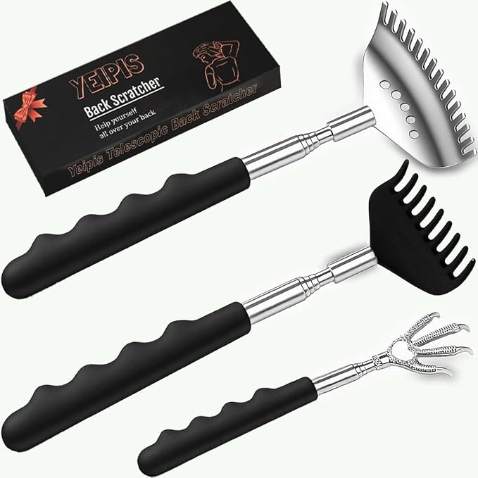 3pcs Upgraded Back Scratcher Massager, Telescoping Back Massage Stocking Stuffers for Men in a box with Eagle Claw, 9-teeth Rake Claw and 15-teeth Rake Claw, Rubber Handle, White Elephant Gifts