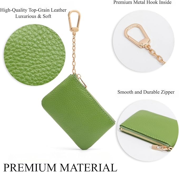 Full Grain Leather Coin Purse with Key Chain - Small Change Purse Keychain Card Holder Keychain Pouch Small Keychain Wallet for Women and Men (Grass Green)