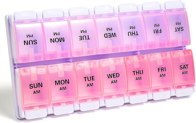 Sukuos AM PM Weekly Pill Organizer 7 Day, 2 Times A Day Medicine Pill Box with Easy Push Button, BPA Free Vitamin Cases for Fish Oil/Supplements, Easy to Clean (Purple&Pink)