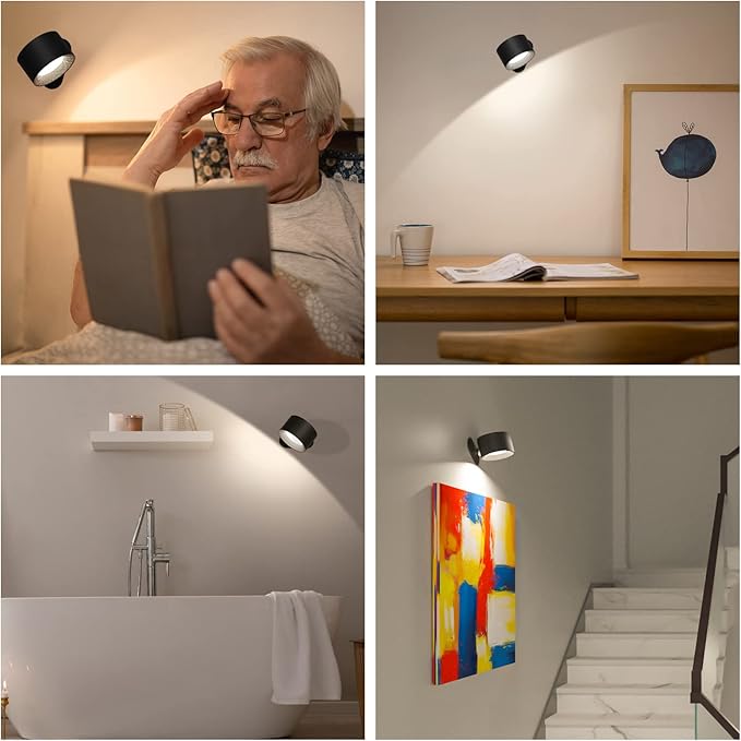 LED Wall Sconce, Wall Mounted Lamp with Rechargeable Battery Operated USB Port 3 Color Temperature & 3 Brightness Level 360°Rotate Magnetic Ball, Cordless Light for Reading Study Bedside