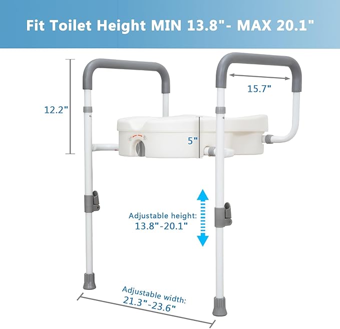 Raised Toilet Seat with Handles for Elderly - Toilet Seat Risers for Seniors with Adjustable Padded Arms - Elevated Toilet Safety Seat for Standard or Elongated Commode