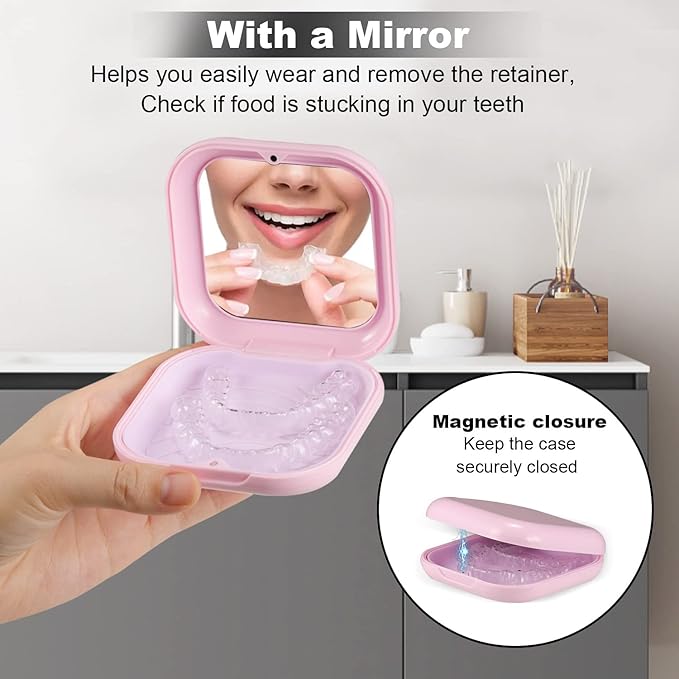 Retainer Case, Slim Aligner Case with Mirror, Compatible with Invisalign, Night Guard and Mouth Guard, Premium Retainer Case, With Aligner Remover Tool, Chew & Brush, Pink