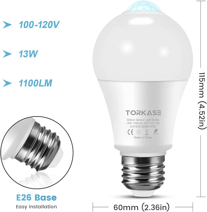 Motion Sensor Light Bulbs, E26 Dusk to Dawn Activated Security | Auto On/Off, Energy-Efficient, for Indoor Outdoor Lighting, Front Door Garage Basement Storage Closet, 120V, 5000K 2Pack