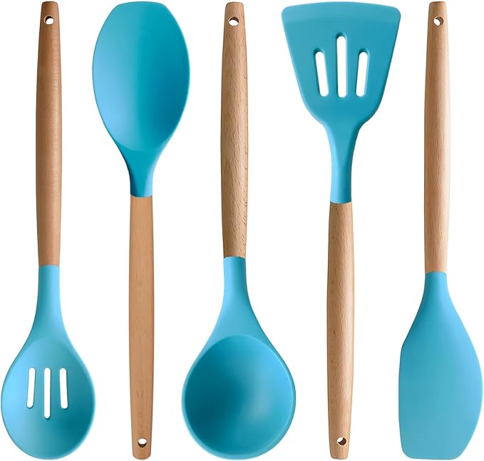 Silicone Kitchen Cooking Utensils Set, 5-Piece Non-Stick Silicone Kitchen Utensils Spatula Serving Spoons Turner Ladle Set w Wooden Handle Heat Resistant Cooking Gadgets for Nonstick Cookware