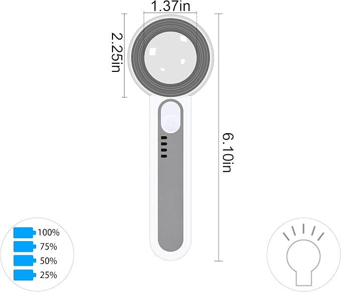 11X Magnifying Glass With Light, Lightweight Rechargeable, 10 LED Power Indicator Handheld for Reading Small Prints, Crafting, Inspecting Coins and Close Work