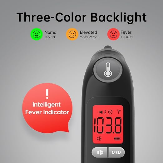 Femometer Family Ear Thermometer, Highly Accurate Ear Thermometer for Kids, Adults and Babies, 30 Memory Recall, 1s Result and 3-Color Fever Alert, with 24 Disposable Probe Covers, Black | 1s Fast Accurate Reading, 30-Memory Recall, 3-Color Fever Alert...