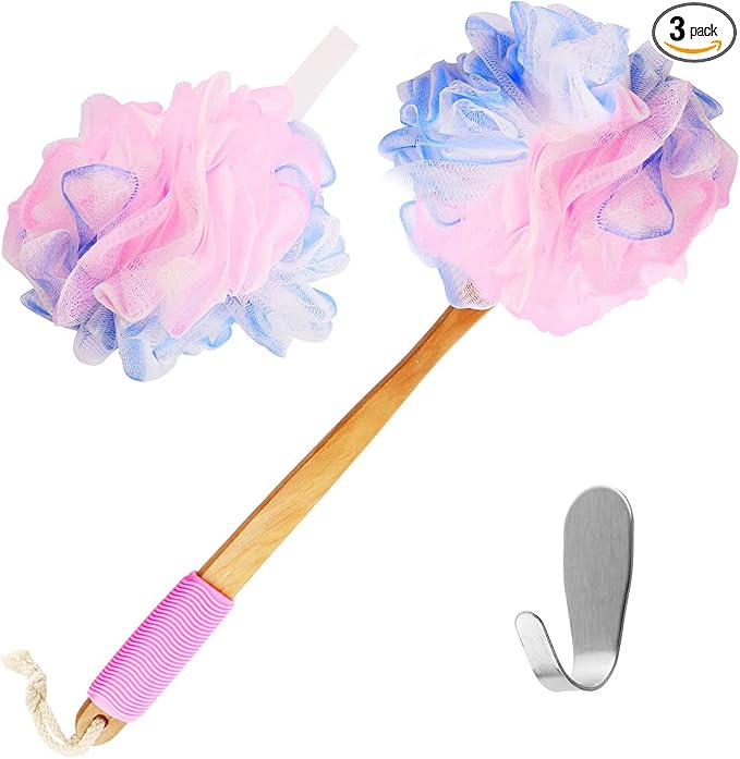 Yoove Pink Loofah Back Scrubber with Bamboo Charcoal Handle | Charcoal infused bath sponge with wooden handle, luffa pouf & hanging hook for men & women - exfoliating body scrubber stick