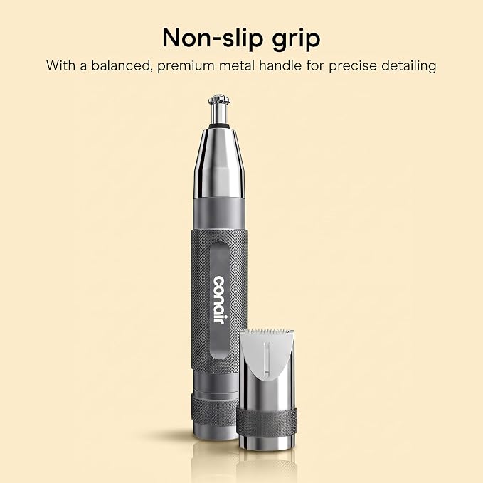 Conair Cordless Nose Ear and Eyebrow Trimmer Grooming Kit | 5-Piece Metal Grooming Kit with Patented 360° Bevel Blade for Safe Trimming, Metallic, PG7500R