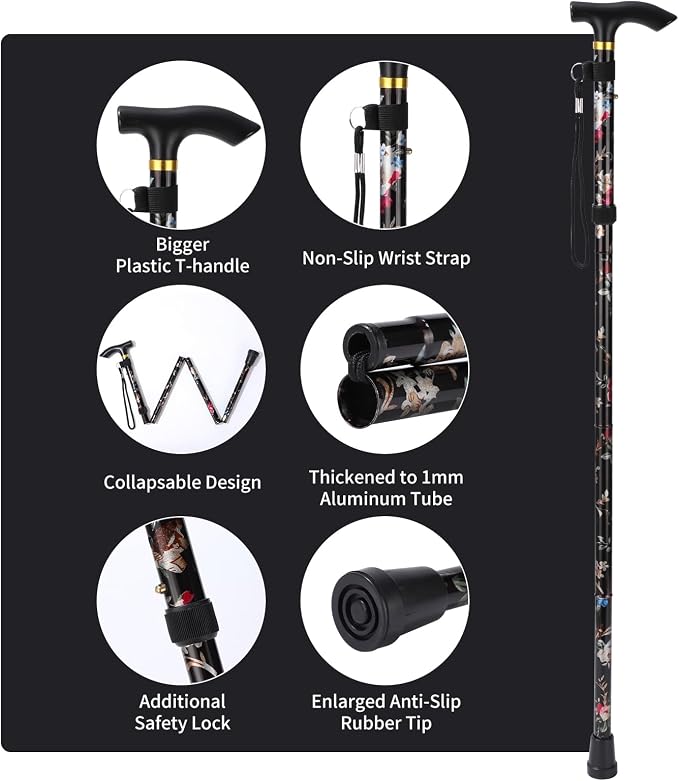 Walking Cane, Folding Cane for Man & Women, Portable Lightweight | 5-Level Adjustable Height, Collapsible Cane for Seniors Balancing Mobility Aid