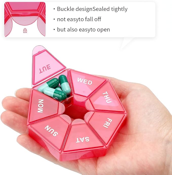 Pill Organizer, Pill Box, Small Pill Case, Medicine Pill Organizer 1 Time a Day, Weekly Pill Organizer, Pill Container, Pill Holder, Daily Pill Organizer Travel Pill Organizer 7 Day (Black Red)