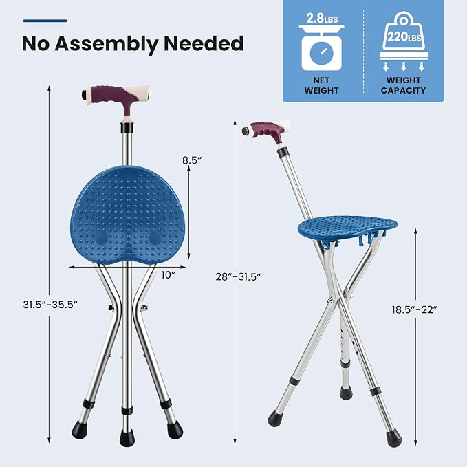 GYMAX Walking Stick Chair Combo, Folding Cane Seat with LED Light, Massage Seat Board & Ergonomic Handle, Adjustable Anti-Skid Walking Stick with Stool, Lightweight Outdoor Travel Rest Stool
