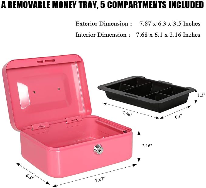 Jssmst Small Cash Box with Key Lock - Durable Metal Cash Box with Money Tray Pink, CB0104M