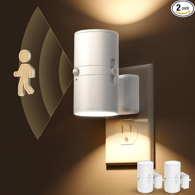 L LOHAS LED Motion Sensor Night Light, Motion Sensor Light Indoor, Dimmable | Nightlight Plug in, Motion Activated Night Light for Bathroom Hallway Bedroom Nursery Kids Elderly [3000K,White Shade,2 Pack]