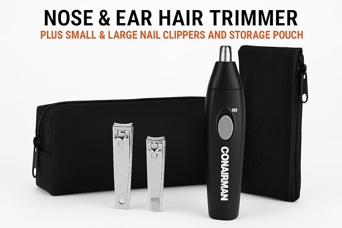 ConairMan Nose & Ear Trimmer Kit - 4 Piece Grooming Set with Nail Clippers and Storage Pouch