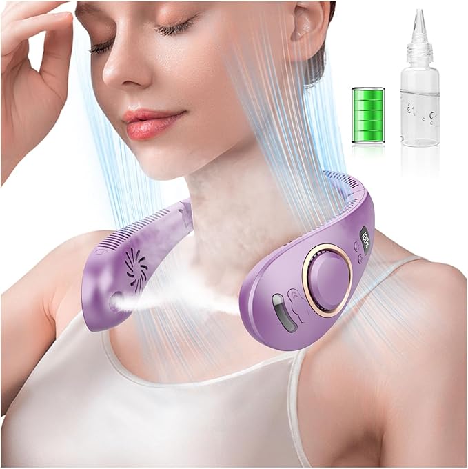 Neck Cooler Fan-Portable Fan with Mist,Rechargeable Neck Fan,Personal Cooling Device,Neck Coolersfor Hot Weather,Battery Powered Best Gifts for Father'S Day Mom Dad Kids Birthday Purple