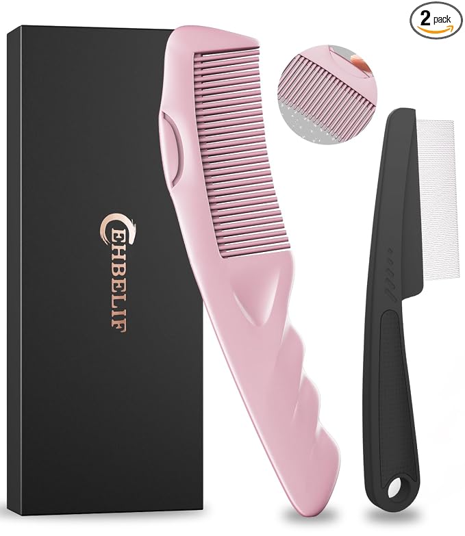 Dandruff Comb Removal 2PC Hollow Fine Tooth Scalp Detox Hair Care Tool Pink | Build up Flake Lice Comb, with Gift Box, Stainless Steel Teeth, Self Cleaning, Button Release, Scalp Massage, Women Men Kids