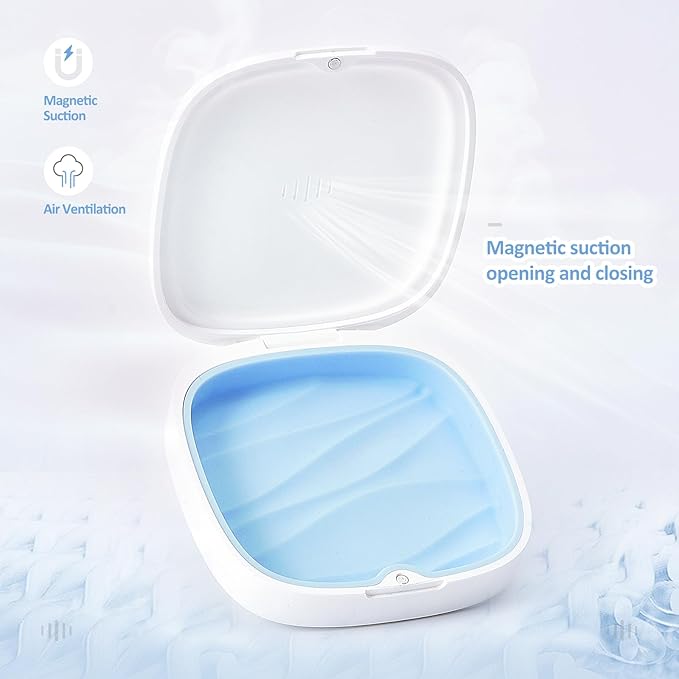 Retainer Case Slim Aligner Case with Vent Holes Removable Inner Tray Silicone for Easy Cleaning (1Pack White Blue)