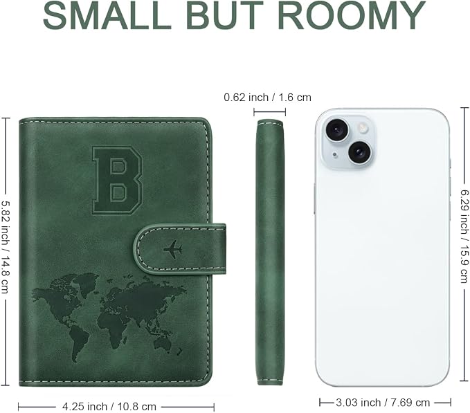 Passport Holder Wallet Cover Personalized Initial Travel Essentials | Embossed Letter A-Z Design, Travel Wallets, RFID Blocking, Passport Book Holders, Women and Men, Personalized Gifts, Green-B