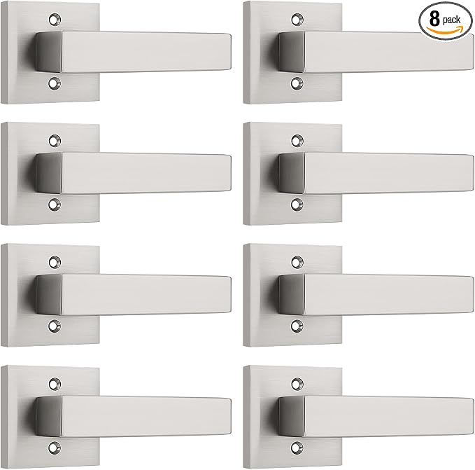KNOBWELL 8 Pack Brushed Nickel Dummy Door Handles Inside Door Knobs Square Door Levers for Closet/Hallway/Pantry Single Side Door Handle