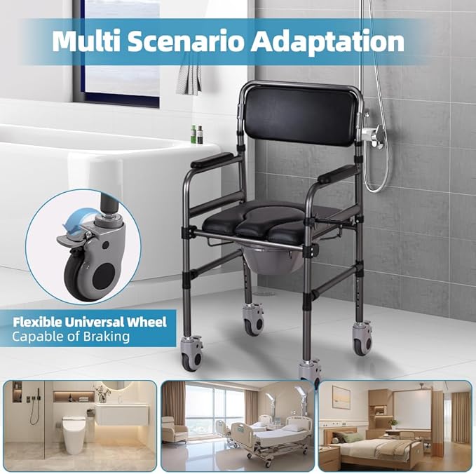 Bedside Commode Chair Foldable Height-Adjustable Toilet Chair with PU Seat 3" Locking Wheels, 400lbs Capacity, 22.8-40.6" Adjustablefoldable Shower Chair (Toilet- Open Type)