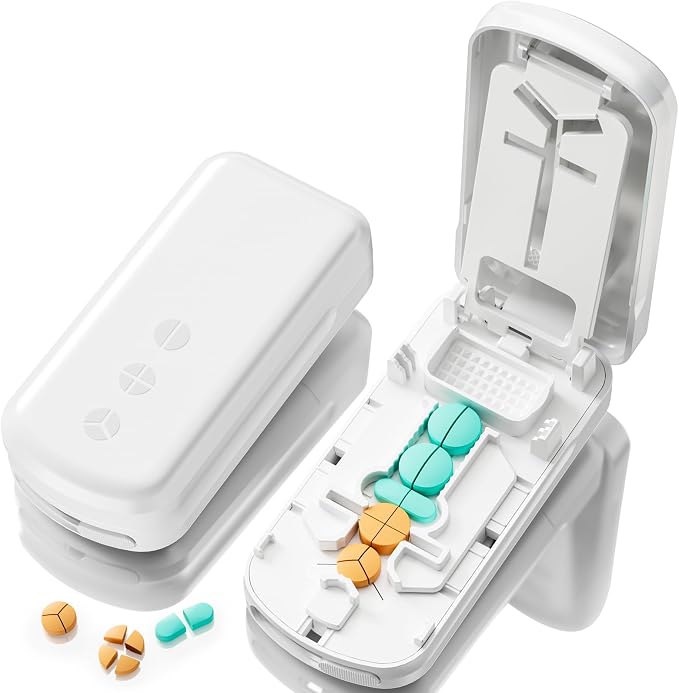Pill Cutter Splitter for Small and Tiny Pills, 1/2 1/3 1/4 Pill Splitter for Small Pills,Vitamins, Tablets in Half or Quarters, Accurate and Easy Cutting, Stainless Steel Blade, Back Storage (White)