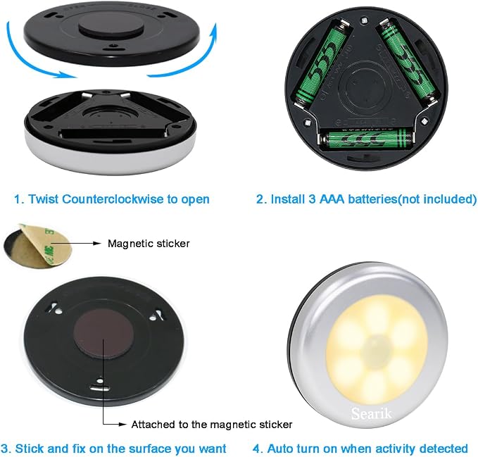 6 Pcs Motion Sensor Night Light Indoor, Cordless Battery Operated LED Night Light Step Lights Wireless Under Cabinet Lighting Safety Lamp for Bedroom Kitchen Stair Bathroom Closet Hallway Path