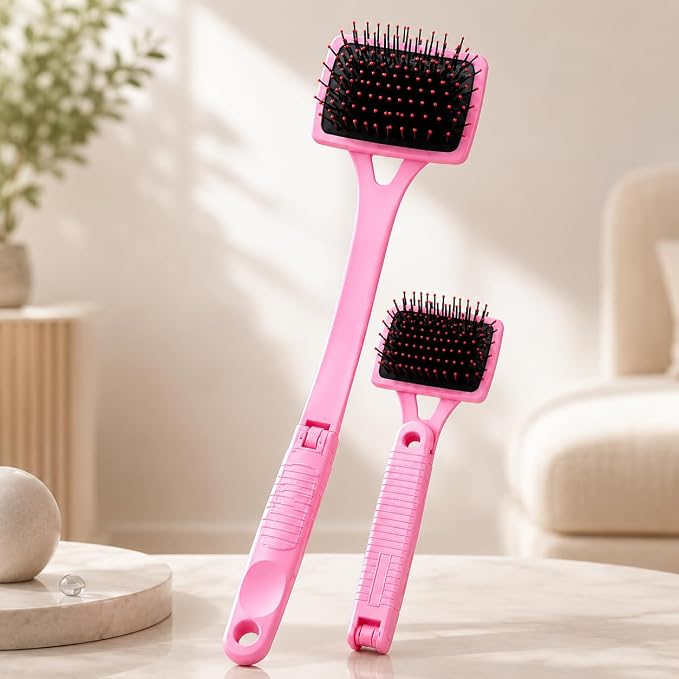 Back Scratcher Extendable Pink Folding Handle for Men Women | Long reach folding handle with soft bristles for back shoulders legs and everyday personal care use at home or travel