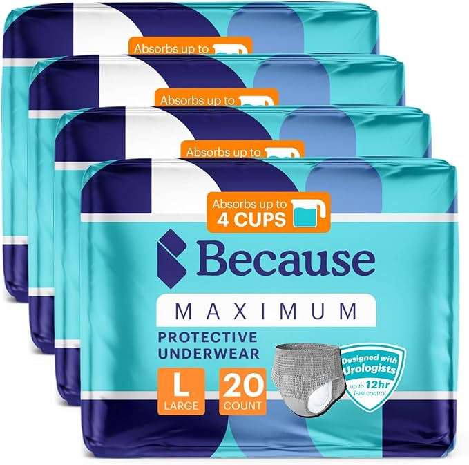 Because Maximum Incontinence Underwear for Men - Heavy Bladder Leak Protection, Ideal for Overnight Leakage, Sleek, Invisible Fit, Grey, Large - Absorbs 4 Cups - 80 Count (4 Packs of 20)