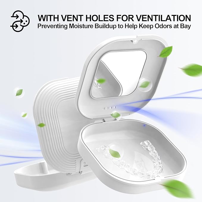 Retainer Case with Mirror and Vent Holes, Cute Retainer Holder Case Compatible with Invisalign, Aligner and Night Guard Case, Slim Retainer Case with Retainer Removal Tool, Chewies & Brush (White)