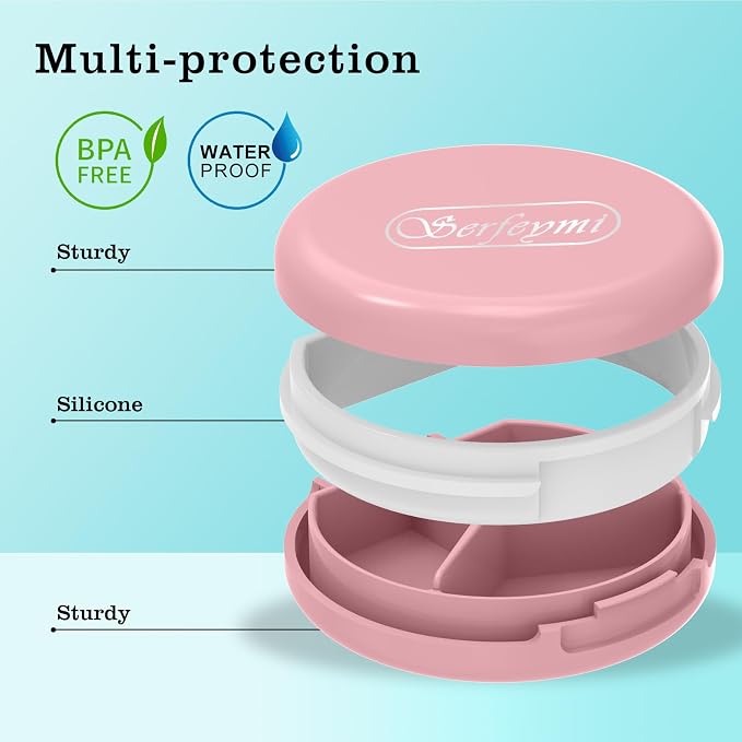 Serfeymi Small Pill Case for Purse, Unique Artistic Patterns Travel Pill Box with 3 Compartments, Portable Mini Pill Organizer for Pocket, Decorative Pill Container for Purse - Pink(Logo)