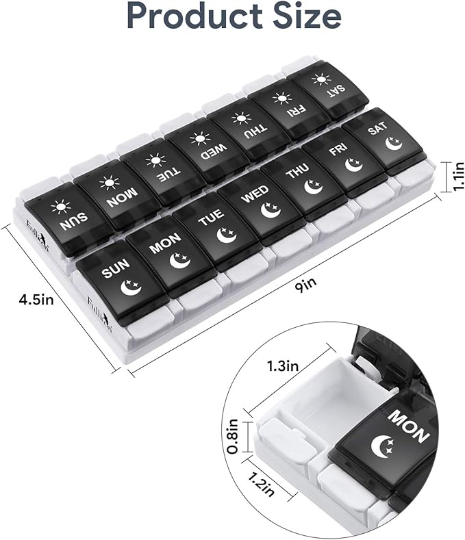 Pill Organizer 2 Times a Day Large Weekly Pills Case, Fullicon Pills Box Container Cases with Unique Push-Button Pop Open Design - Black