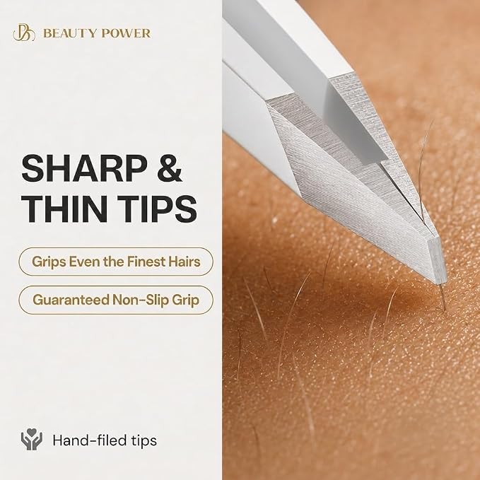 Beauty Power Slant Tip Precision Tweezers - Stainless Steel Eyebrow Tweezers for Women & Men - Precision Tweezers for Facial Hair, Ingrown Hair & Brow Shaping - Professional Beauty Tool (White)