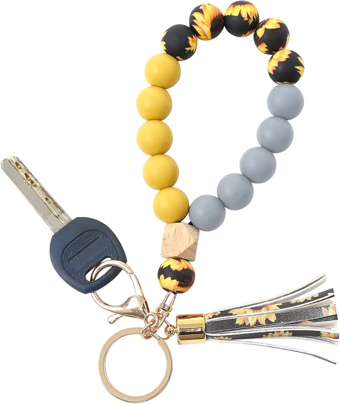 BAOSIWA Silicone Key Ring Bracelet Wristlet Keychain Unique Beaded Bangle Key Chains for Women with Leather Tassel
