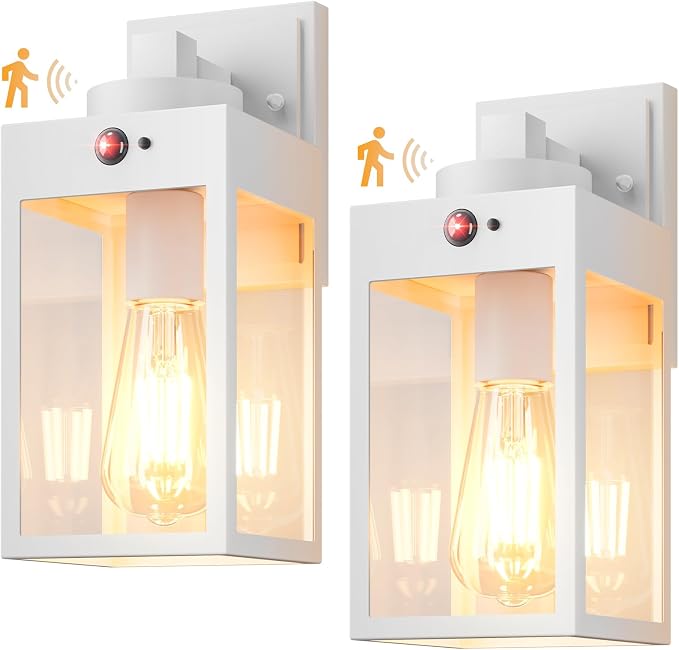 Gleamz 2-Pack Motion Sensor Outdoor Light Fixtures Wall Mount, Waterproof | Modern White Dusk to Dawn Exterior Wall Lantern for House Front Porch, Waterproof Outdoor Sconce Lights for Garage, Coach