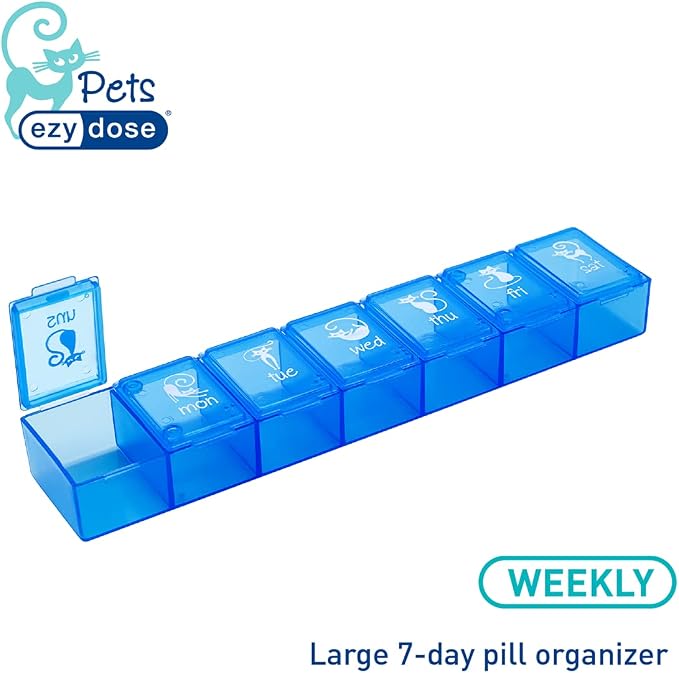 EZY DOSE Pets Weekly (7-Day) Pill Organizer, Vitamin and Medicine Box for Cats, X-Large Compartments, Convenient for Treats and Easy to Use, Blue Lids