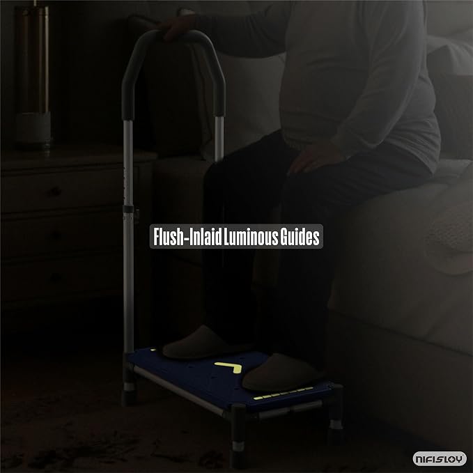 Extra Long Step Stool with Handle for Elderly(22 Inch), Heavy Duty Stepping Stool with Adjustable Handrails for High Beds, Non-Skid Platform Foot Stool for Adults, Seniors, Handicapped (1 Step Blue)