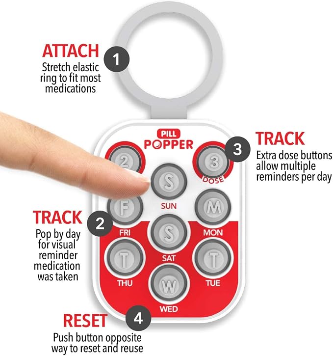 Pill Popper Medication Tracker, Daily Pill Reminder, Small and Portable Memory Aid with Buttons, Attaches to Pill Container, Tracks up to 3 Doses per Day, Multicolor, 2-Pack