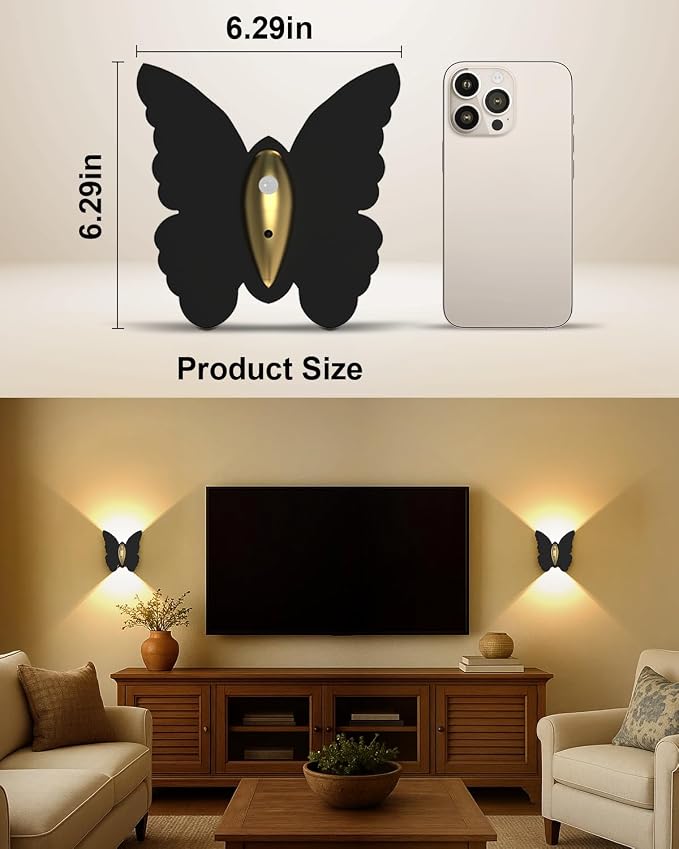 Eneru Motion Sensor Wall Sconce Set of 2, Rechargeable Wall Lights, Indoor | 5000mAh Battery Operated Wall Sconces, Motion Activated, Magnetic Butterfly Night Light for Hallway Stair Closet Pantry Porch