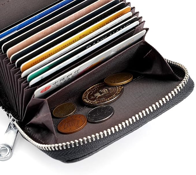Linno RFID 20 Slots Credit Card Holder Genuine Leather Small Wallet for Women or Men with Zipper