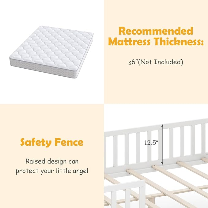 Giantex Full House Bed with Drawers, Wooden Full Size Bed Frame with Cube Storage & Fence Rails, Montessori Beds for Kids Boys Girls, Bedroom, Living Room, No Box Spring Needed, White